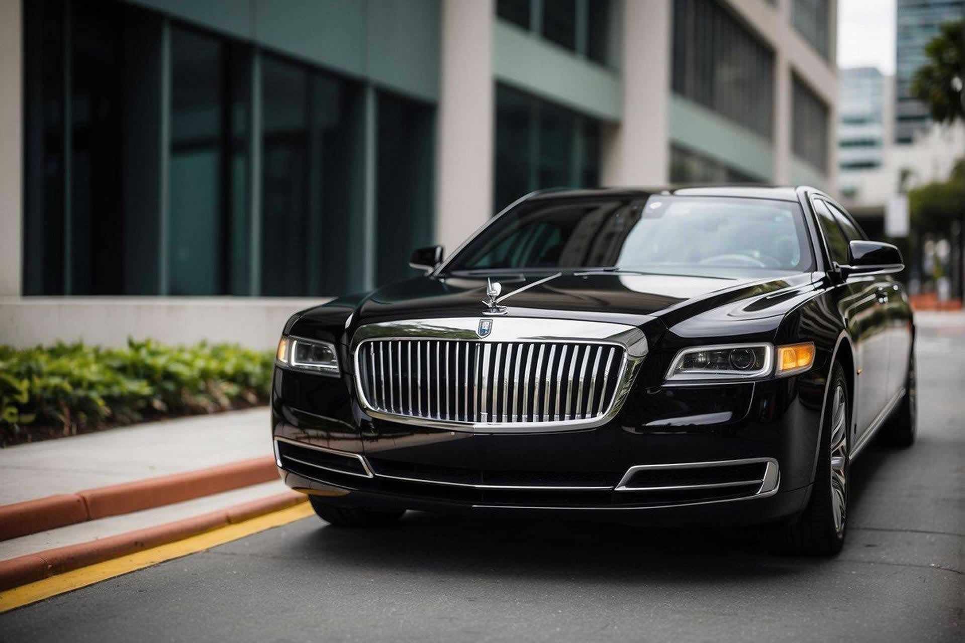 A sleek black limousine pulls up to a modern office building in downtown San Diego, waiting to transport corporate executives in style