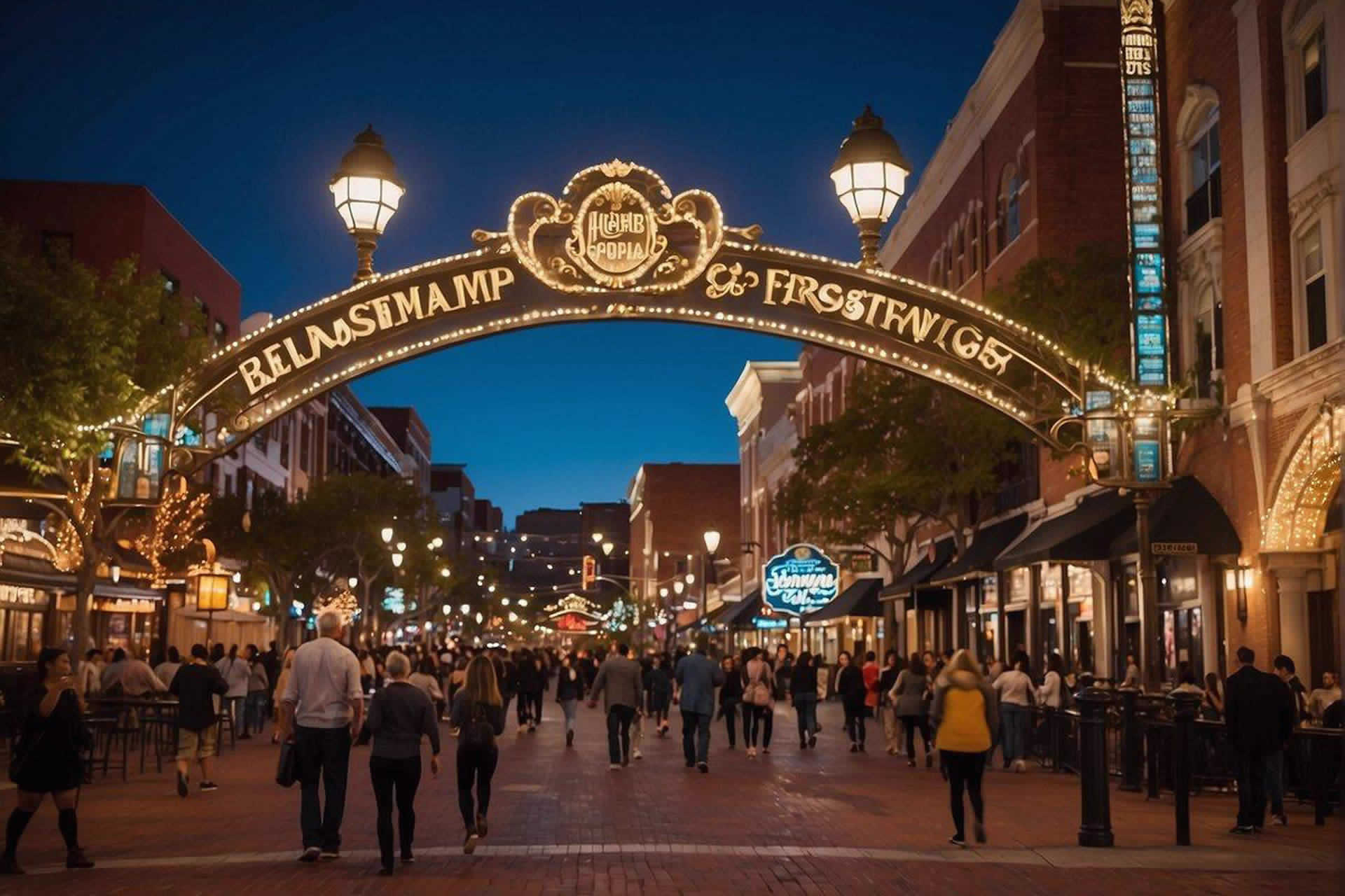 The Gaslamp Quarter bustles with vibrant nightlife, historic architecture, and bustling restaurants. The streets are lined with colorful buildings and lively crowds, while the iconic Gaslamp archway welcomes visitors to the lively district